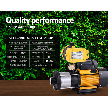 Garden Water Pump High Pressure 2000W Multi Stage Tank Rain Irrigation Yellow
