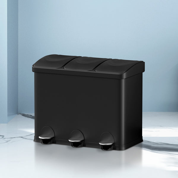  Pedal Bins Rubbish Bin Triple Compartments Waste Recycle Dustbins 45L