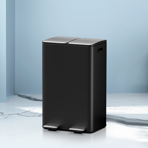  Pedal Bins Rubbish Bin Dual Compartment Waste Recycle Dustbins 60L Black