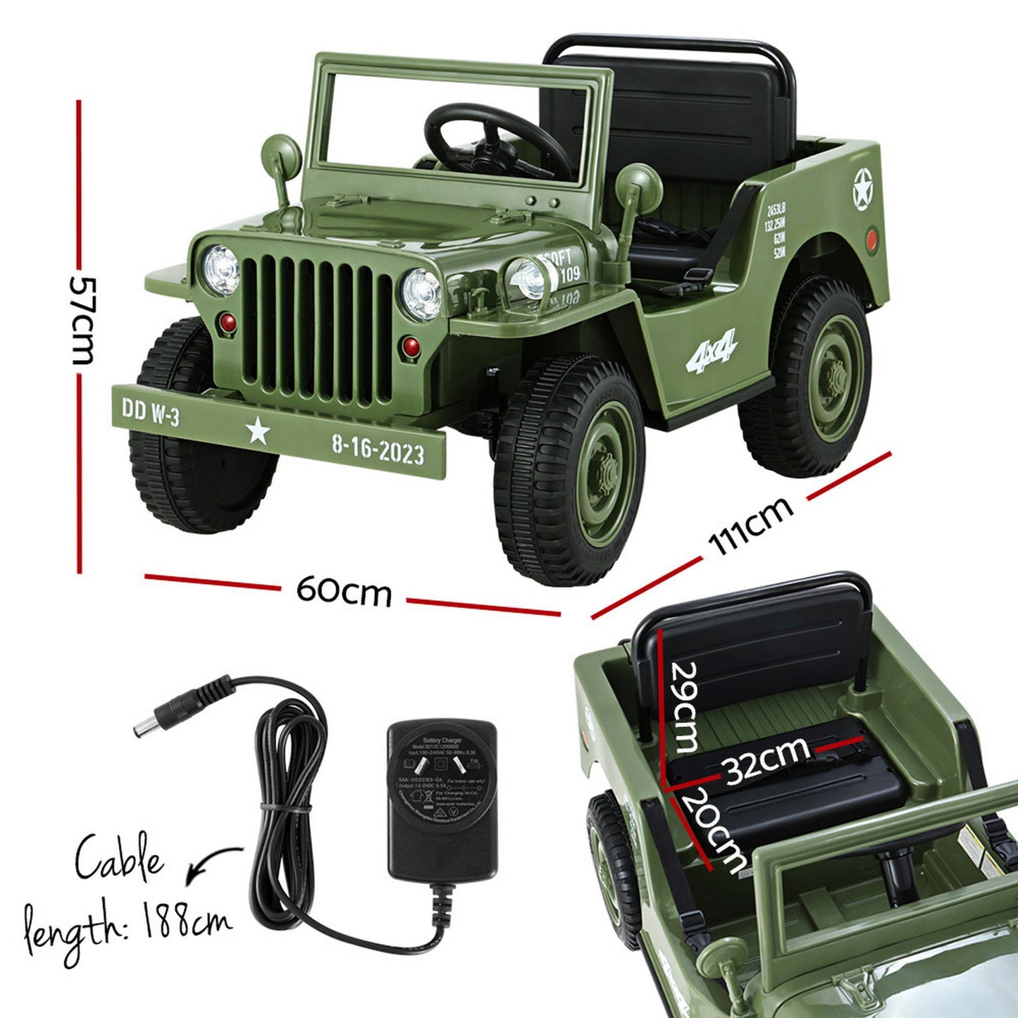 Rigo Kids Electric Ride On Car Jeep Military Off Road Remote 12V Olive