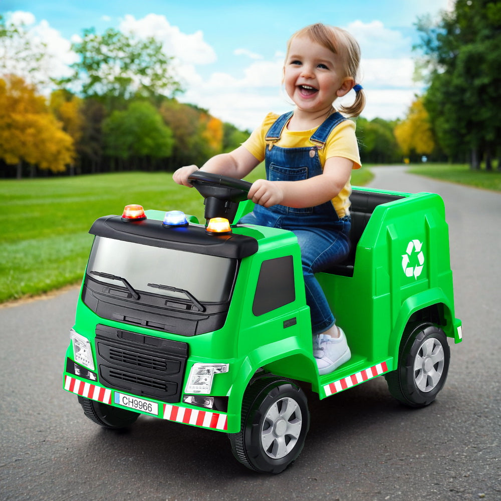 Kids Ride-On Garbage Truck with Police Lights 12V Green
