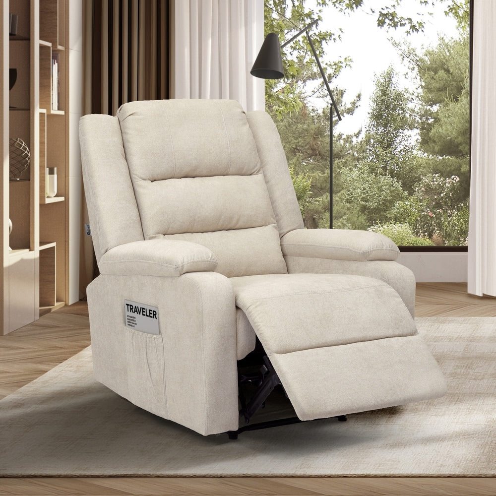 Recliner Chair Padded Lounge With Side Pocket Polyester Grey & Beige