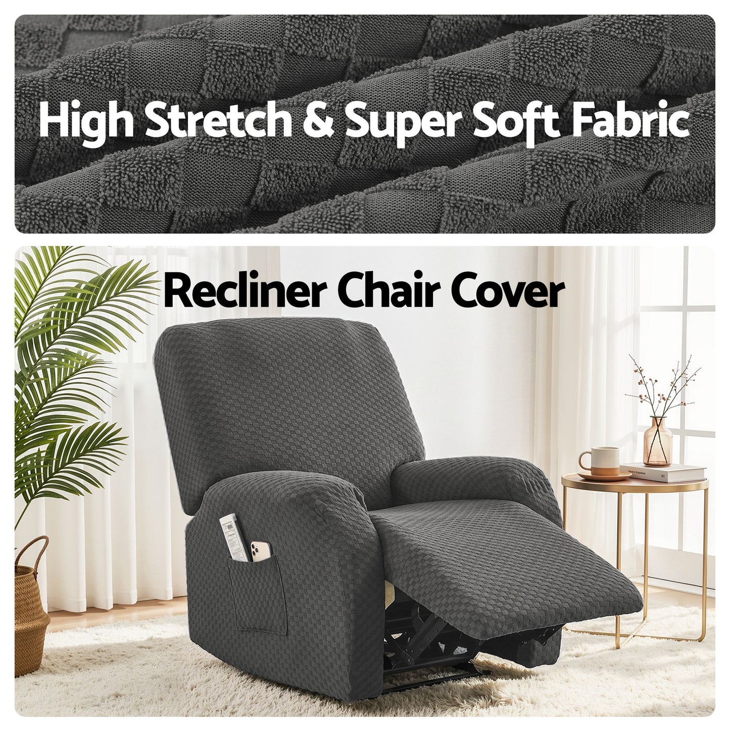 Recliner Chair Cover Grey Storage Pockets | HomeAndLiving - 6