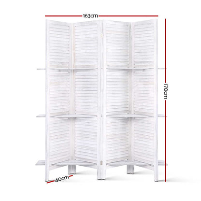 4 Panel Room Divider Screen 163X170Cm Shelf White