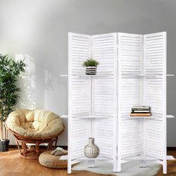 4 Panel Room Divider Screen 163X170Cm Shelf White