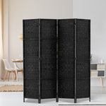 4 Panel Room Divider Privacy Screen Rattan Woven Wood Stand Black