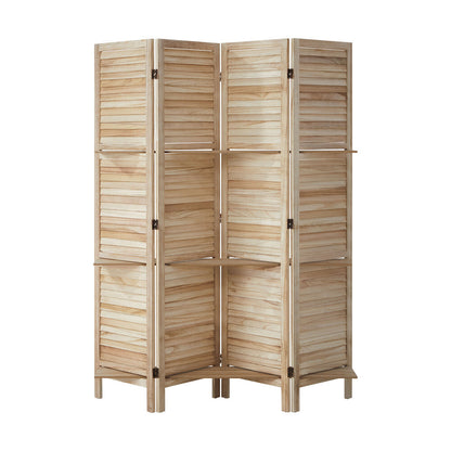 4 Panel Room Divider With Shelves Timber Wooden Natural