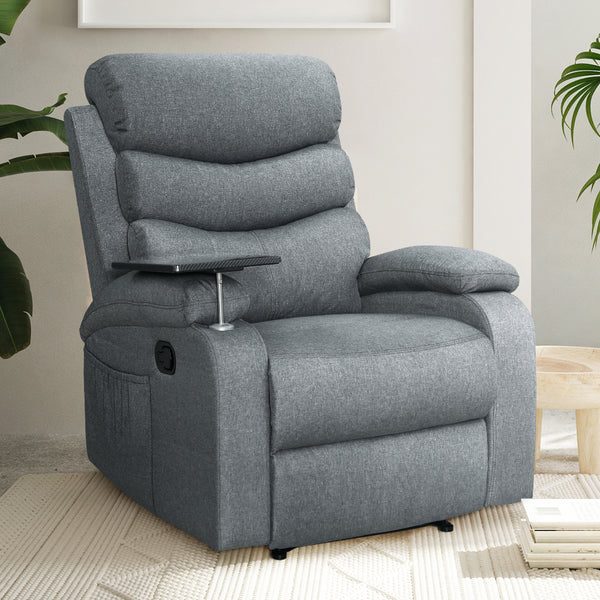  Recliner Chair Lounge Sofa Armchair Chairs Couch Fabric Grey Tray Table