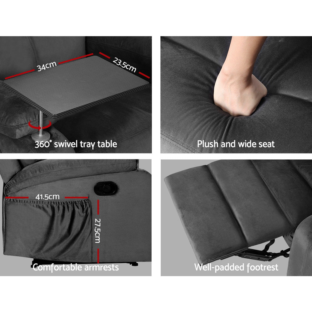 Recliner Chair Armchair Lounge Sofa Chairs Couch Velvet Grey Tray Table