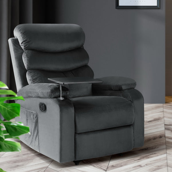  Recliner Chair Armchair Lounge Sofa Chairs Couch Velvet Grey Tray Table