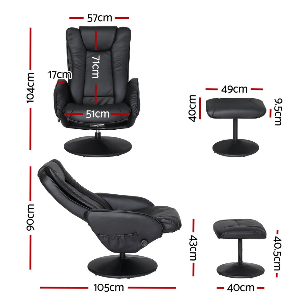 2X Recliner Chair Ottoman Heated Massage Black