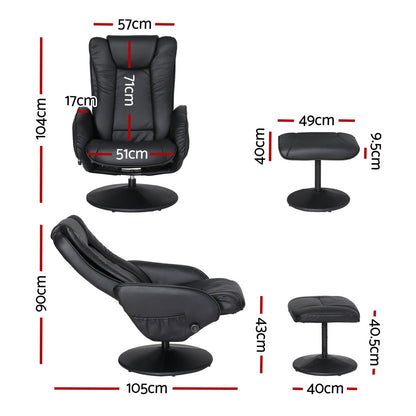 2X Recliner Chair Ottoman Heated Massage Black