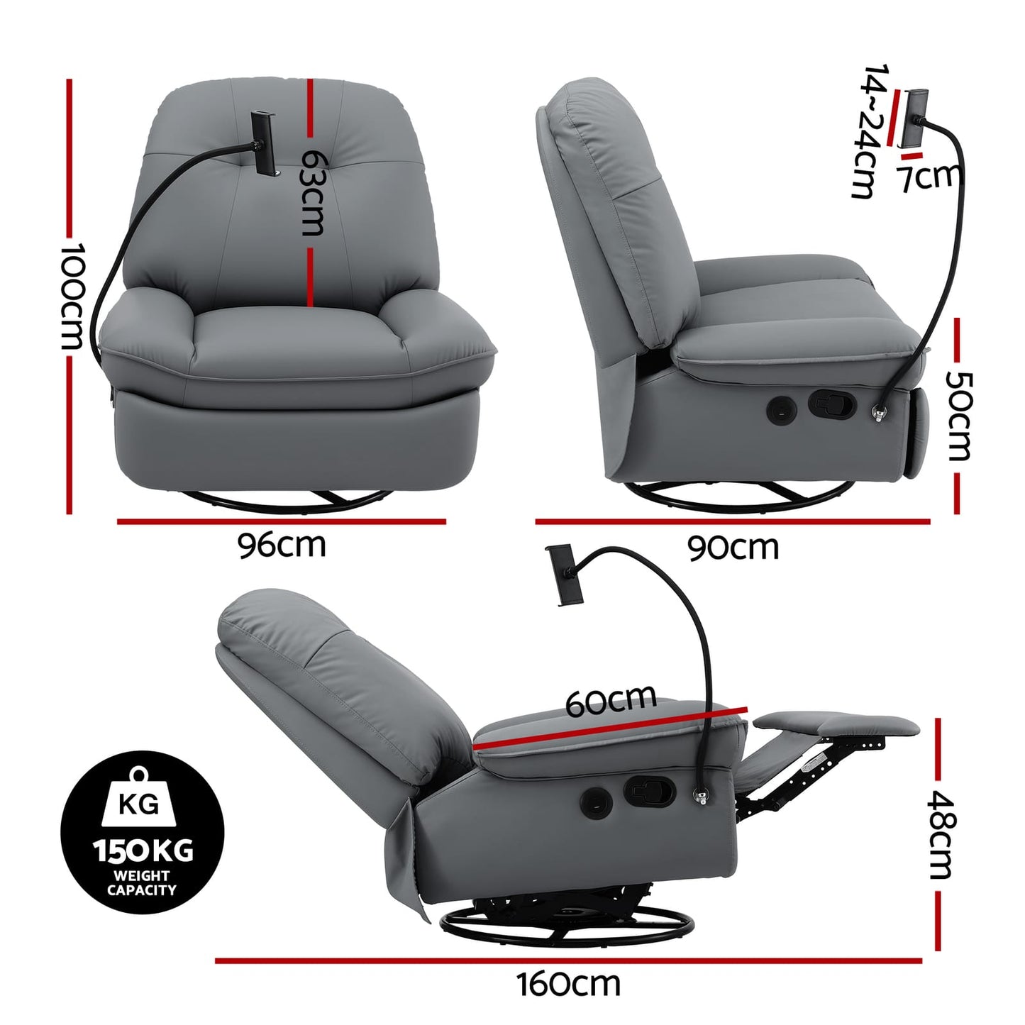 Swivel Recliner Chair Grey 100x90x96cm