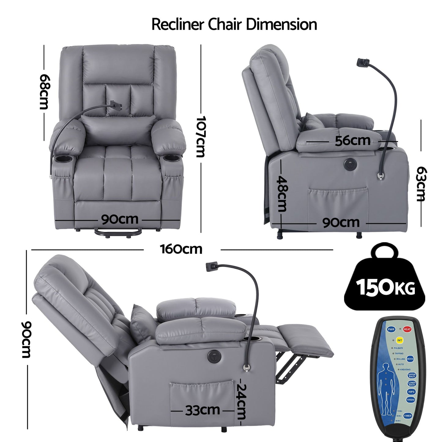 Power Lift Recliner Chair Massage Heat Grey | HomeAndLiving - 3