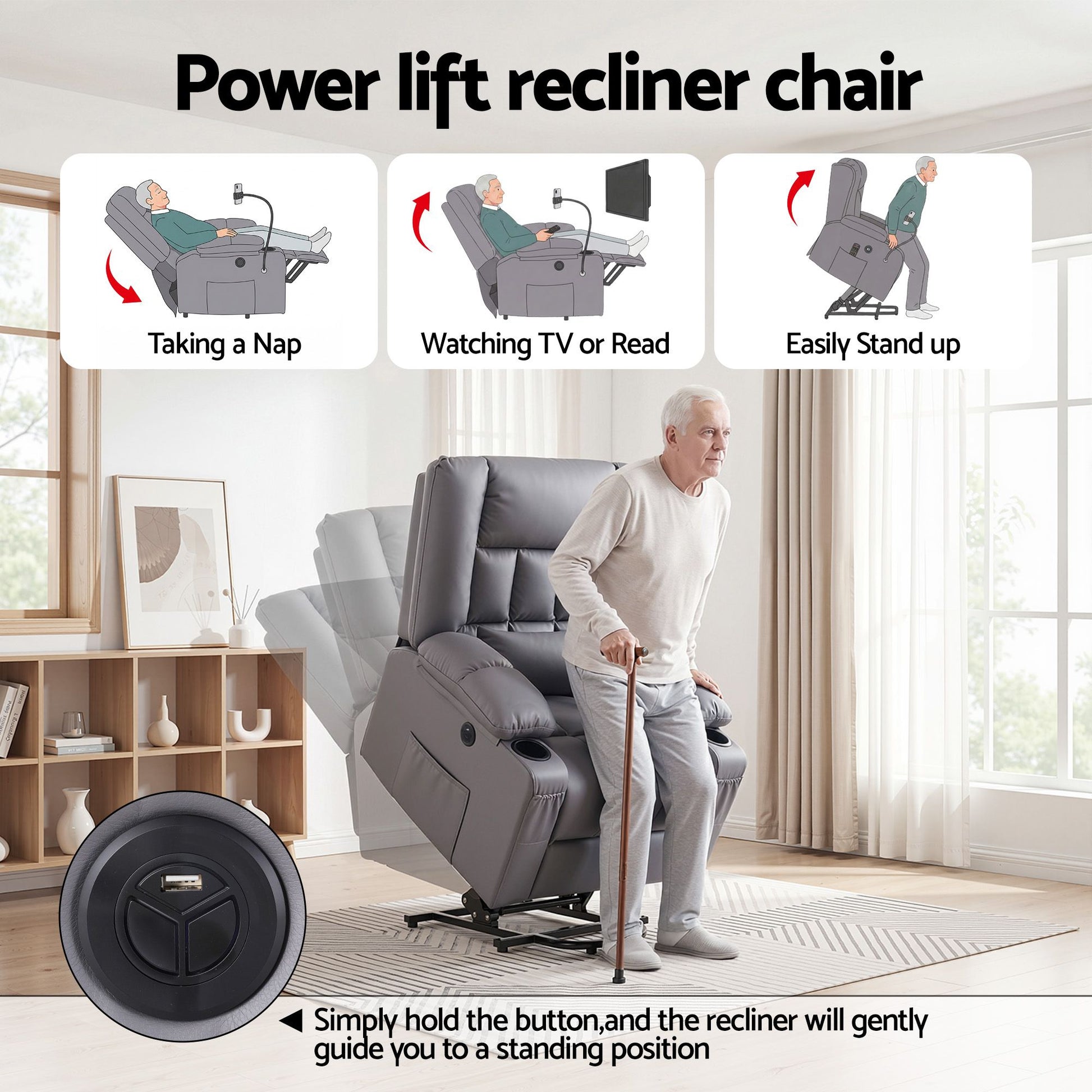 Power Lift Recliner Chair Massage Heat Grey | HomeAndLiving - 5