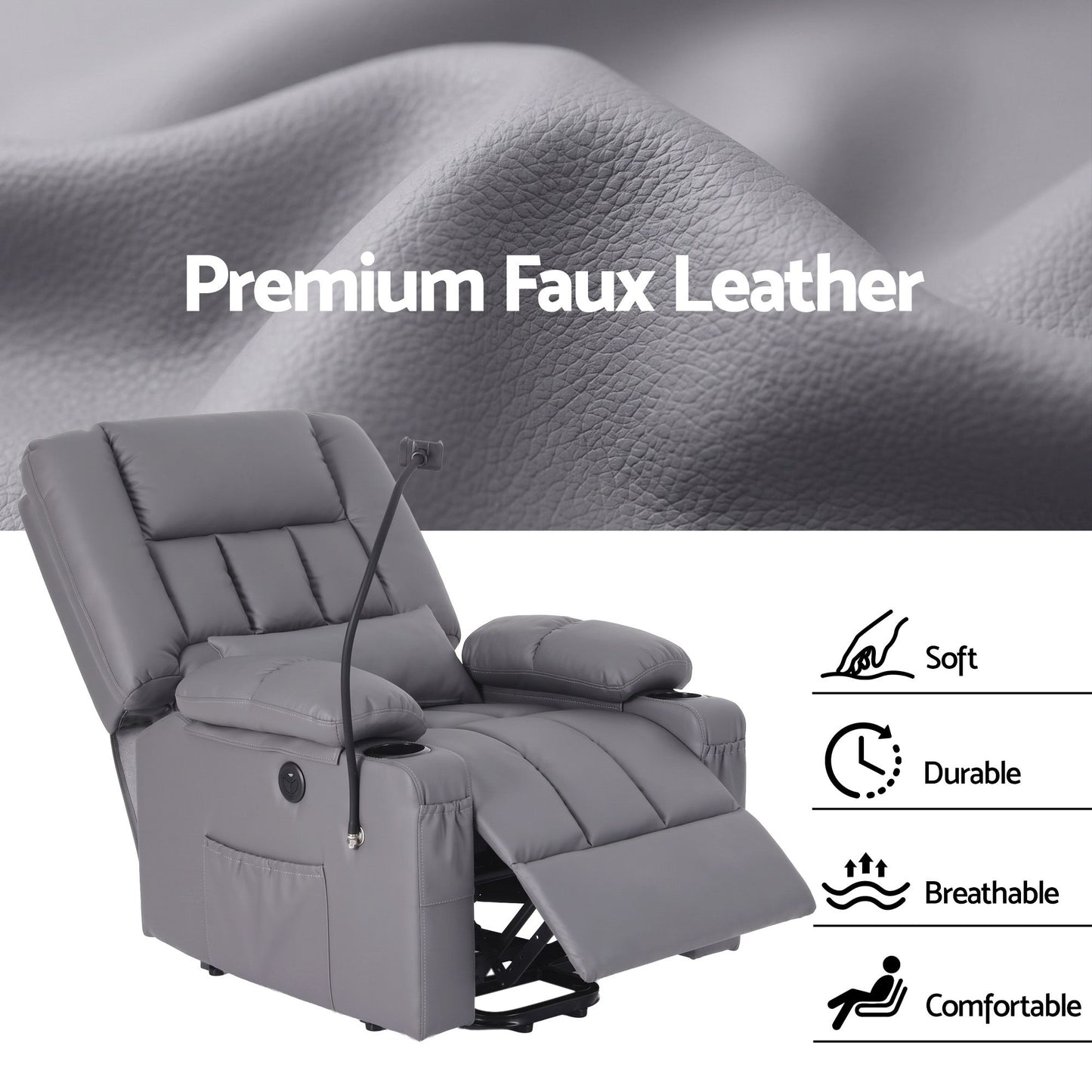 Power Lift Recliner Chair Massage Heat Grey | HomeAndLiving - 8