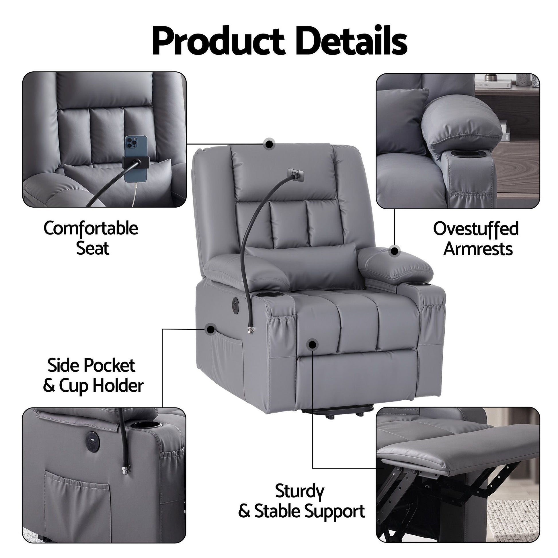 Power Lift Recliner Chair Massage Heat Grey | HomeAndLiving - 9