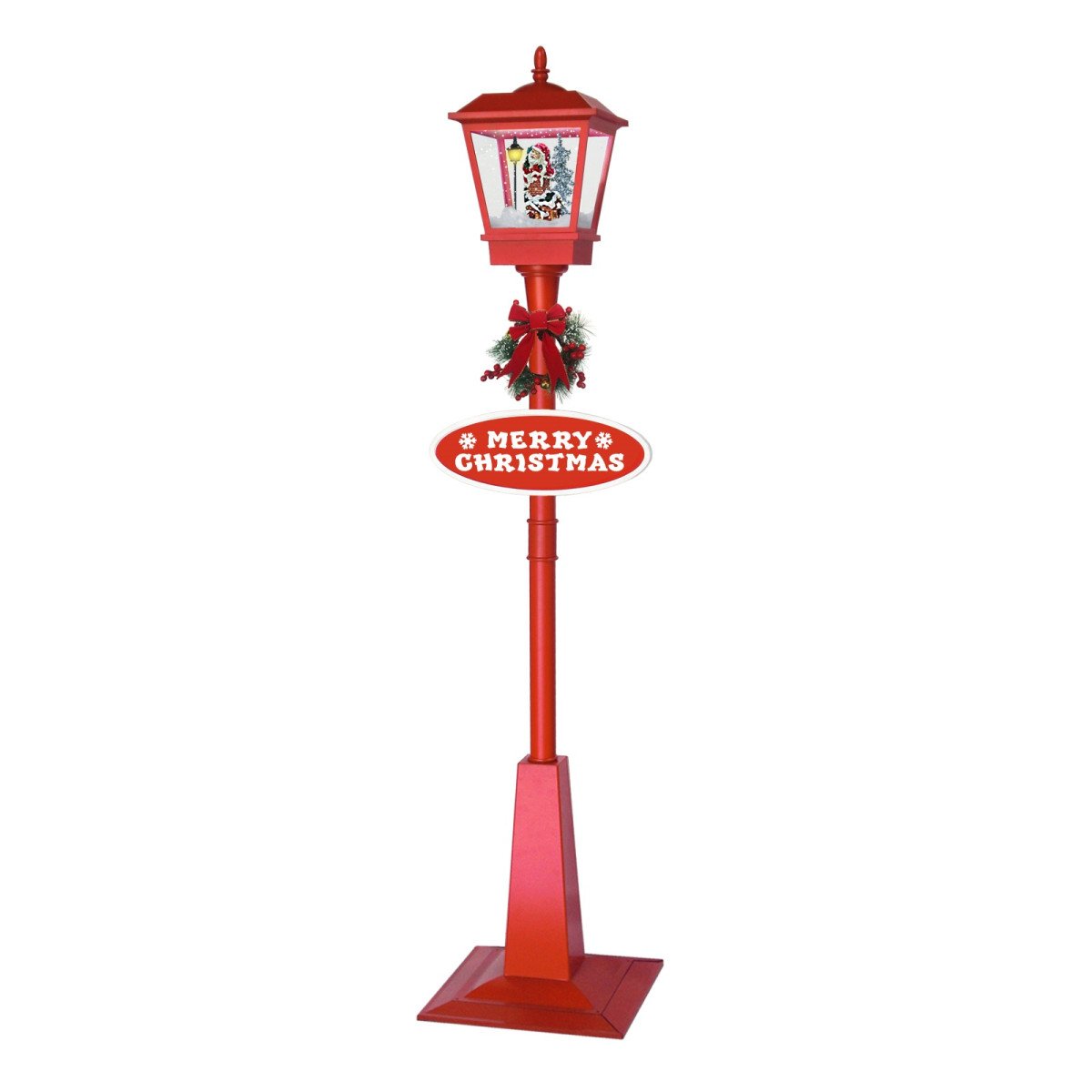 Christmas Lamp Post with Snow, Lights & Music- Red with Santa 180cm