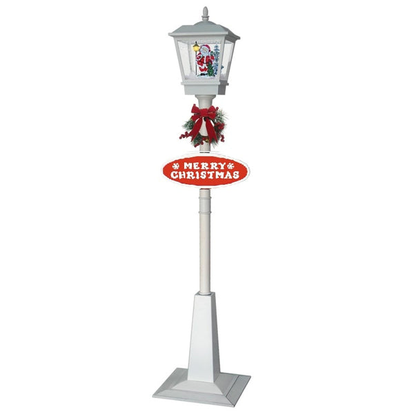  Christmas Lamp Post with Snow, Lights & Music- White with Santa 180cm