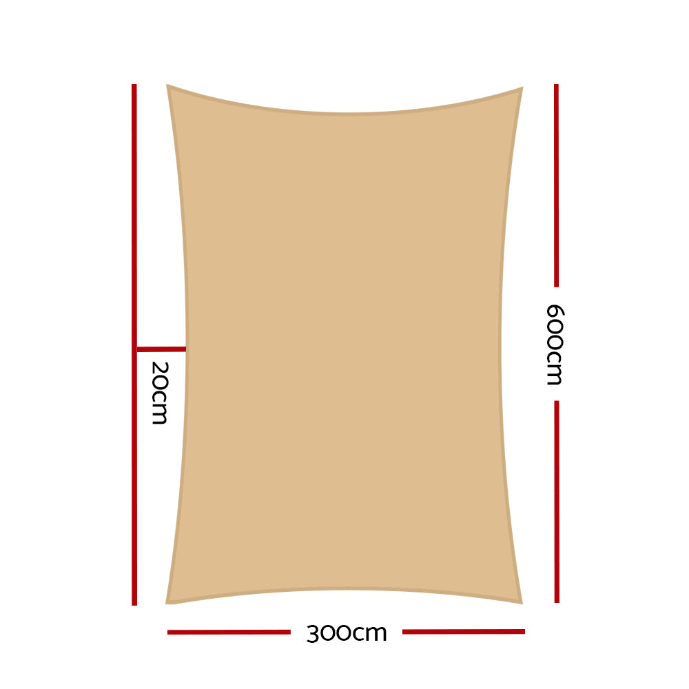 Shade Sail 3X6M Rectangle 185Gsm 95% Sand Shade Cloth