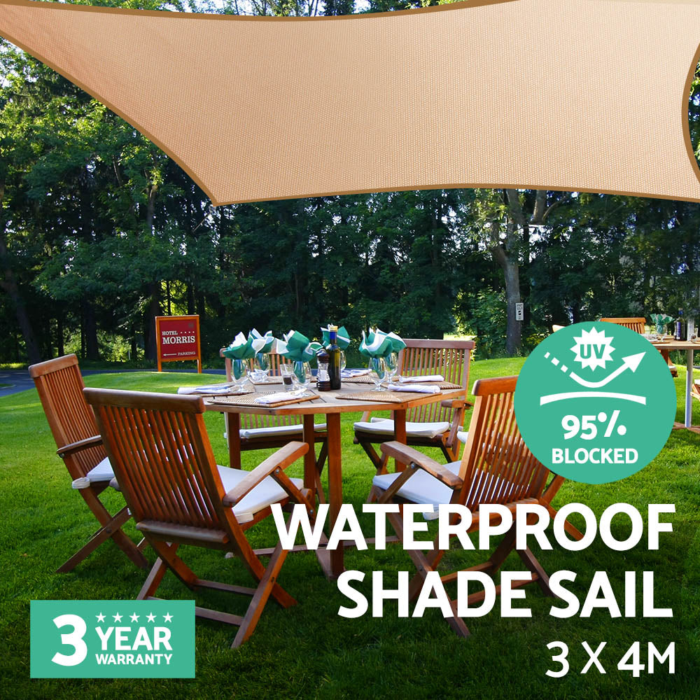 Waterproof Shade Sail 3X4M Rectangle Sand 95% Shade Cloth