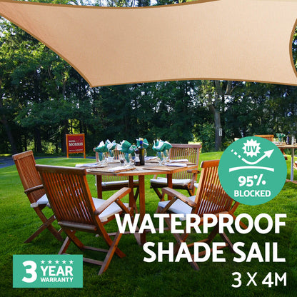 Waterproof Shade Sail 3X4M Rectangle Sand 95% Shade Cloth