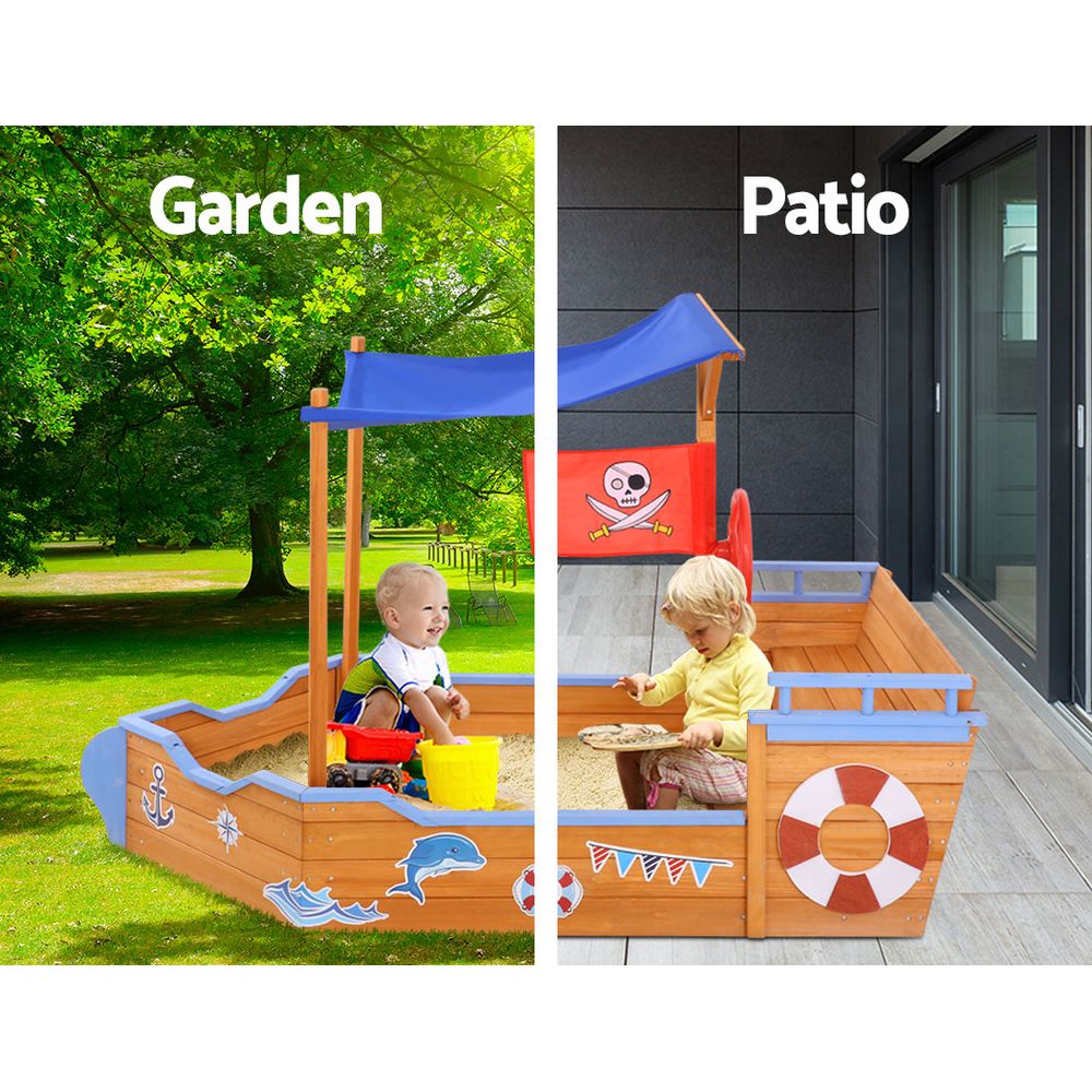 Kids Wooden Boat Sandpit With Canopy & Bench 165Cm