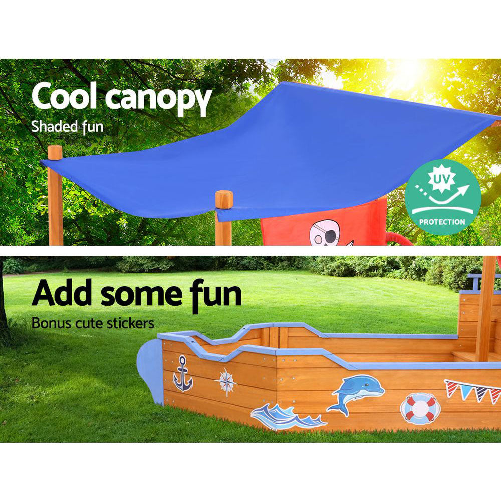 Kids Wooden Boat Sandpit With Canopy & Bench 165Cm