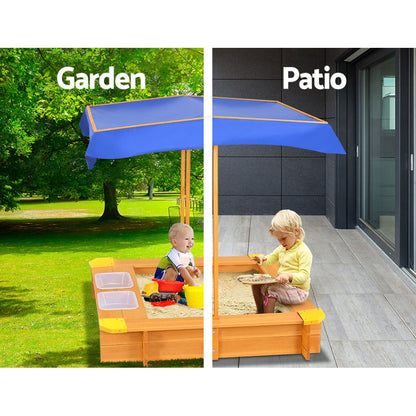 Kids Sandpit Wooden Sandbox Sand Pit with Canopy Water Basin Toys 103cm