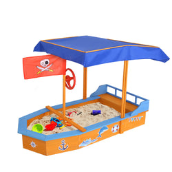 Kids Wooden Boat Sandpit With Canopy & Bench