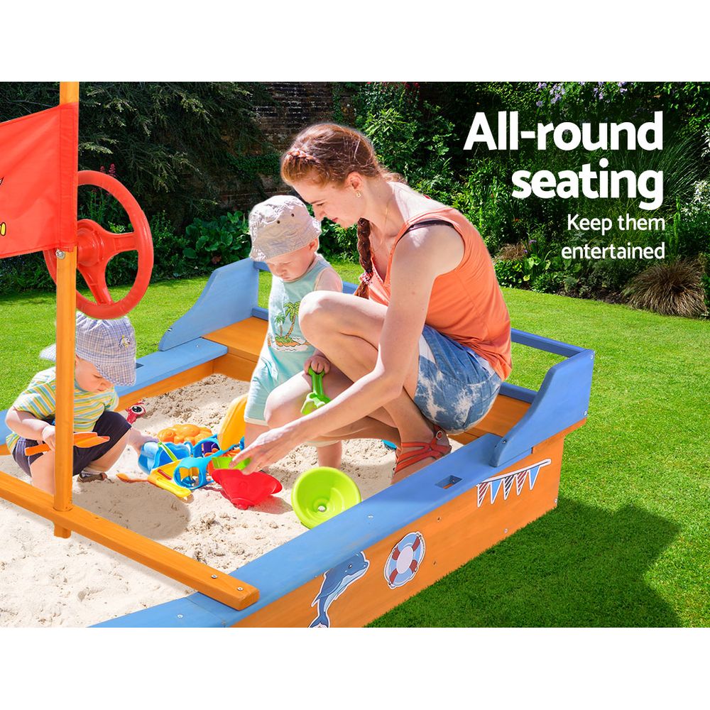 Kids Wooden Boat Sandpit With Canopy & Bench
