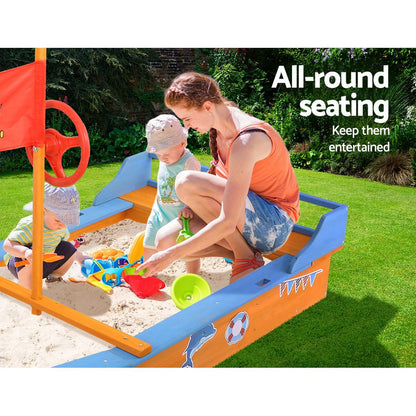 Kids Wooden Boat Sandpit With Canopy & Bench