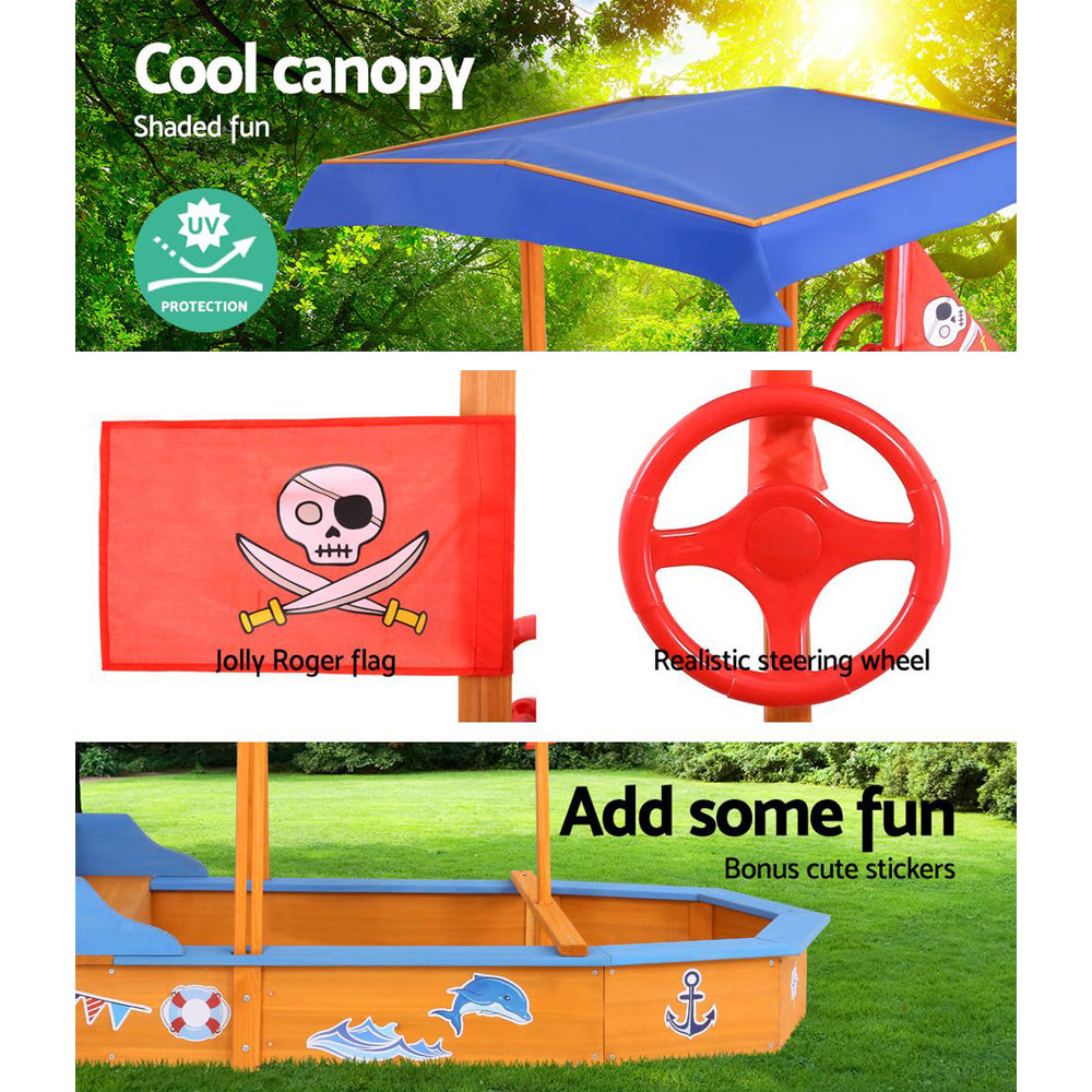 Kids Wooden Boat Sandpit With Canopy & Bench