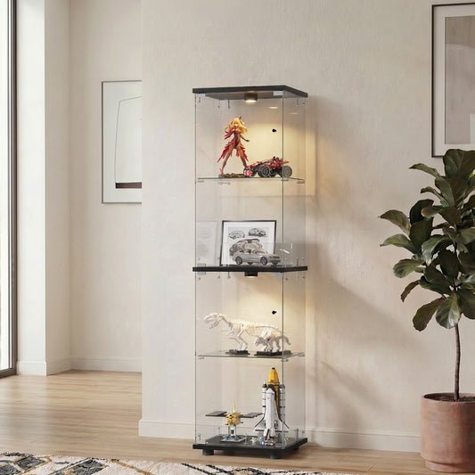 Glass Display Cabinet 4-Tier LED Light Bookcase Clear Black