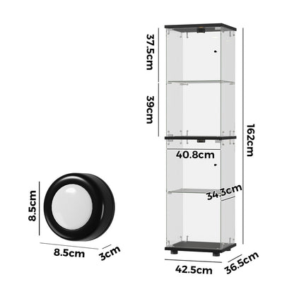 Glass Display Cabinet 4-Tier LED Light Bookcase Clear Black
