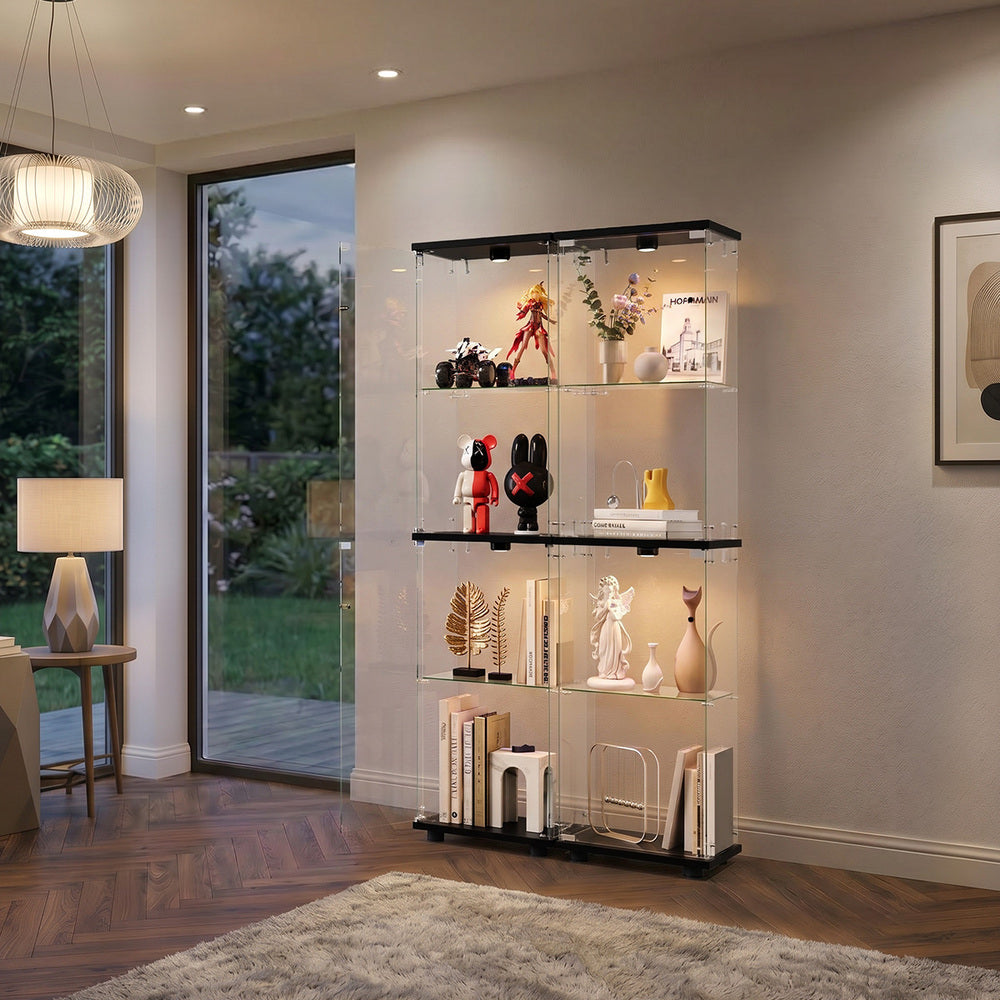 Glass Display Cabinet 4-Tier LED Light Bookcase Clear Black