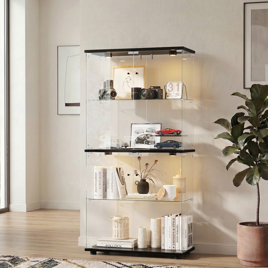Glass Display Cabinet 4-Tier LED Light Bookcase 2 Doors Black