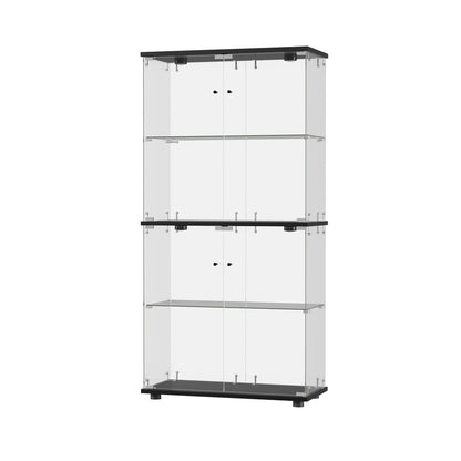 Glass Display Cabinet 4-Tier LED Light Bookcase 2 Doors Black