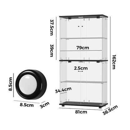 Glass Display Cabinet 4-Tier LED Light Bookcase 2 Doors Black