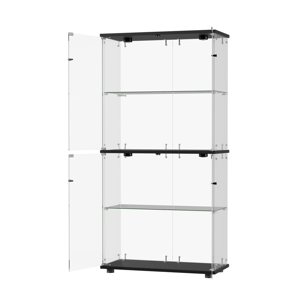Glass Display Cabinet 4-Tier LED Light Bookcase 2 Doors Black