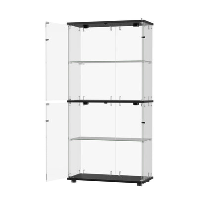 Glass Display Cabinet 4-Tier LED Light Bookcase 2 Doors Black