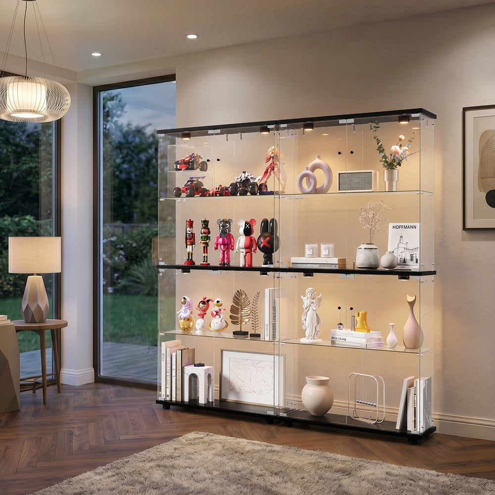 Glass Display Cabinet 4-Tier LED Light Bookcase 2 Doors Black