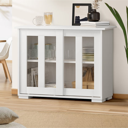 Sideboard Buffet Glass Sliding Door Natural/White