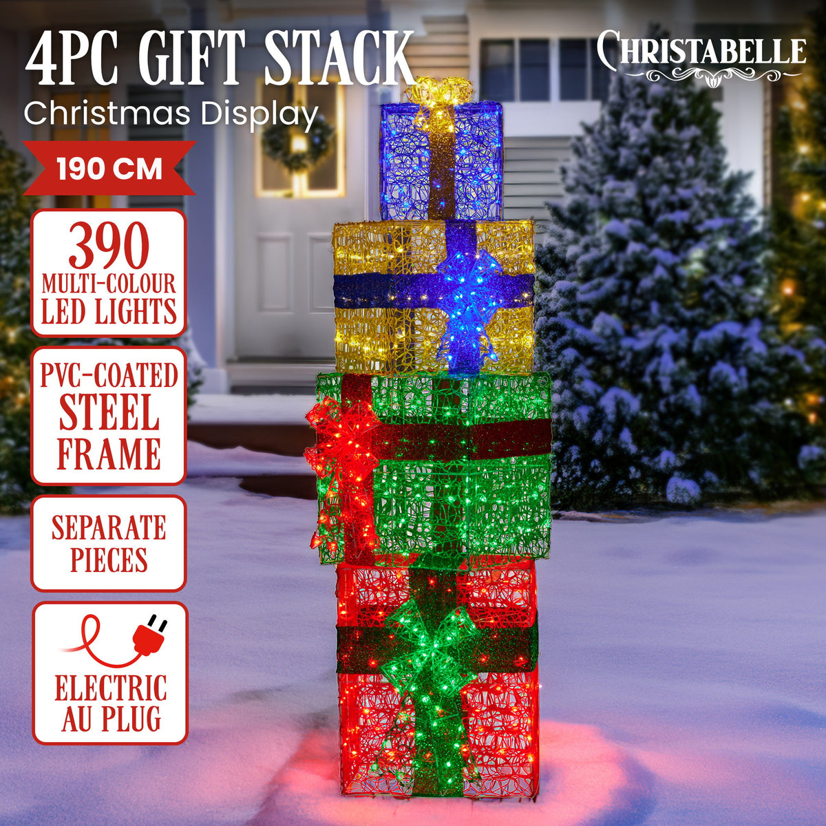 1.9m Christmas 4-Piece Gift Stack LED Lights Bows Indoor Outdoor Front Lawn Yard D
