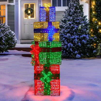 1.9m Christmas 4-Piece Gift Stack LED Lights Bows Indoor Outdoor Front Lawn Yard D