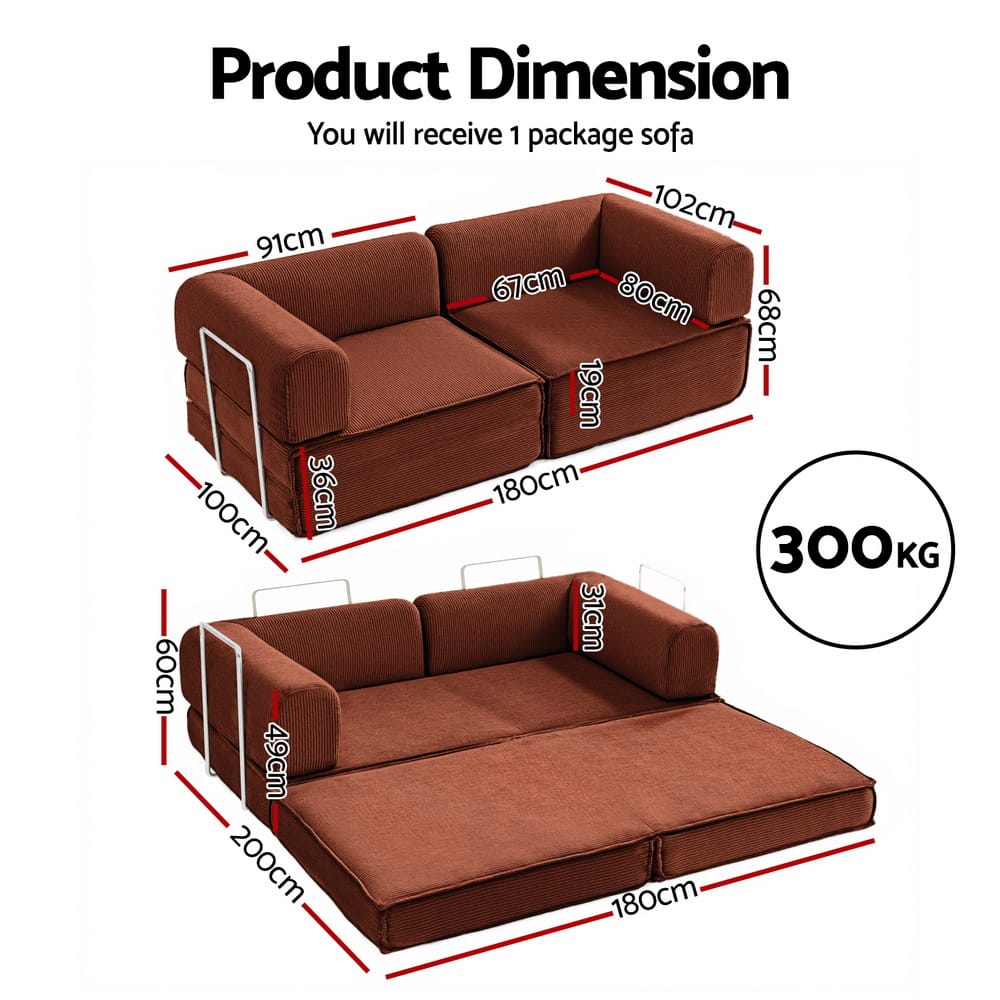 Folding Sofa Bed Orange Fabric 180x100x68cm