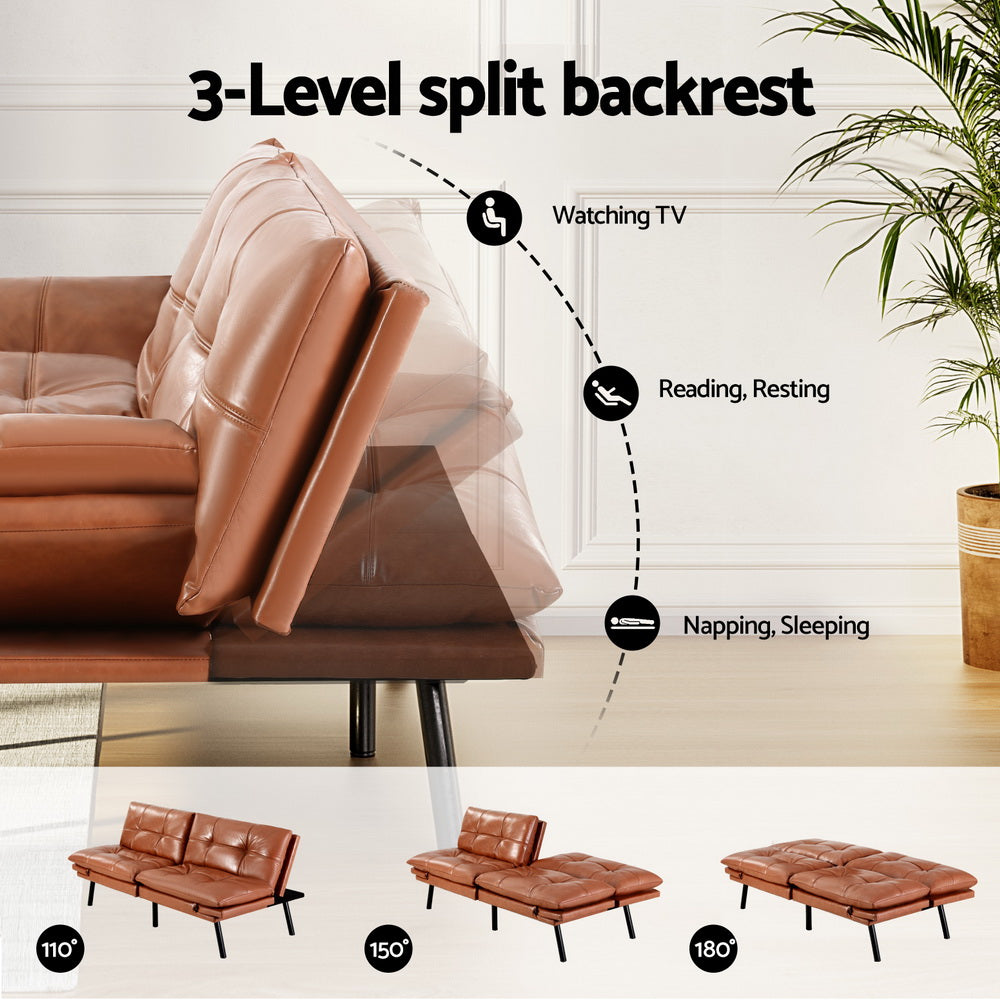  Sofa Bed Convertible 3 Seater Couch Recliner Lounge Chair Leather Brown