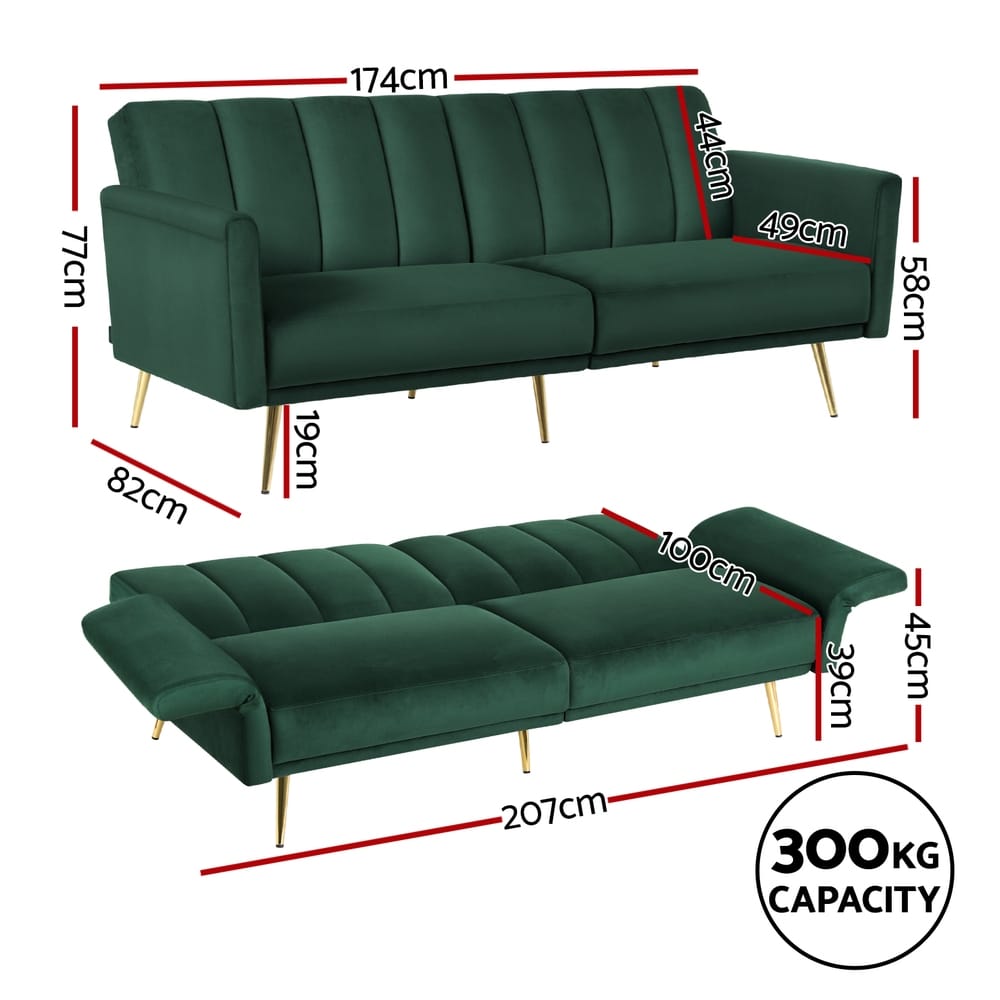 Velvet Sofa Bed 3 Seater 174x82x77cm