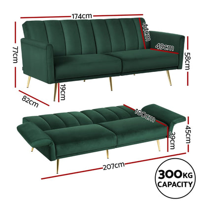 Velvet Sofa Bed 3 Seater 174x82x77cm