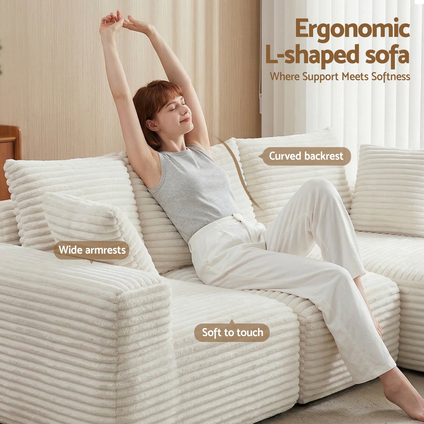 L-Shape Modular Sofa Bed Corduroy 3 Seater | HomeAndLiving